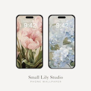 May include: Two smartphones displaying digital wallpapers. The left screen shows pink peonies with green stems. The right screen shows blue hydrangea flowers. Both screens display the time 9:42 and the date Sunday, October 17. Text reads Small Lily Studio.