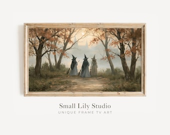 FRAME TV Art Witches in Fall Landscape, Samsung Frame TV Art Halloween, Spooky Vintage Style Painting | TV1362