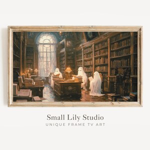 May include: A framed print depicts a vintage library scene with three ghost figures. The room is filled with bookshelves, tables, and lamps, creating a warm, inviting atmosphere. The artwork is a unique piece of frame TV art.
