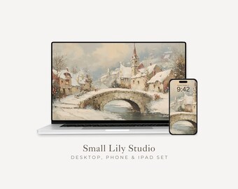 Może przedstawiać: Scena zimowego krajobrazu wyświetlana na laptopie i smartfonie. Grafika przedstawia zaśnieżoną wioskę z kamiennym mostem nad rzeką. Na telefonie widnieje godzina 9:42. Poniżej urządzeń znajduje się tekst "Small Lily Studio".