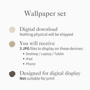 May include: A digital wallpaper set with text that reads "Wallpaper set." The image details that nothing physical will be shipped and that you will receive 3 JPG files for display on desktop, laptop, tablet, iPad, and phone. Designed for digital display.