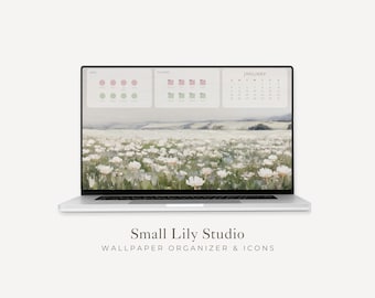 2026-2027 Desktop Wallpaper Organizer, Floral Laptop Background and Folder Icons Set, Digital Monthly Calendar Windows Mac | WO002