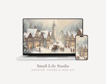 Bavarian Village Wallpaper Set, Christmas Phone Wallpaper, Winter iPhone Wallpaper, Holiday iPad Background Vintage Style | WS149