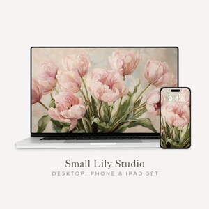 Pink Tulips Desktop Wallpaper Set, Spring Phone Wallpaper, Flowers iPhone Wallpaper, Aesthetic iPad Background Vintage Style | WS175