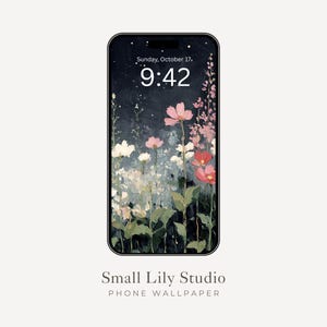 Telefoonbehang nachtbloemen, iPhone-behang bloemen schilderij, donkere tuin onder sterren Esthetische Samsung Galaxy-telefoonachtergrond | WP014