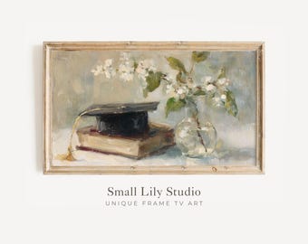 FRAME TV Art Graduation Cap with Book and Flowers, Samsung Frame TV Art for Graduate Celebration, Neutral Vintage Style Painting | TV1235