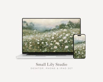 White Wildflowers Desktop Wallpaper Set, Floral Phone Wallpaper, Spring iPhone Wallpaper, Aesthetic iPad Background Vintage Style | WS266