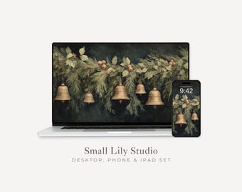 Christmas Bells Desktop Wallpaper Set, Holiday Season Phone Wallpaper, Moody Festive iPhone Wallpaper, Aesthetic iPad Background | WS139