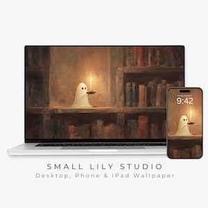 Cute Library Ghost Desktop Wallpaper, Halloween Phone Wallpaper, Spooky iPhone Wallpaper, Halloween iPad Background for Book Lover | WS068