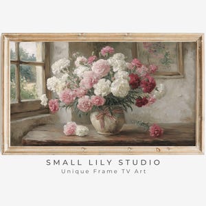 FRAME TV art Mother&#39;s Day Carnations, Samsung Frame Tv Art Mothers Day Pink Flowers, Vintage Style Farmhouse Painting Spring Florals | TV763
