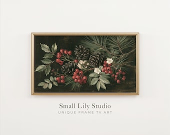 FRAME TV Art Moody Festive Botanicals, Samsung Frame TV Art Pine Cones and Red Berries, Vintage Style Seasonal Painting | TV1447