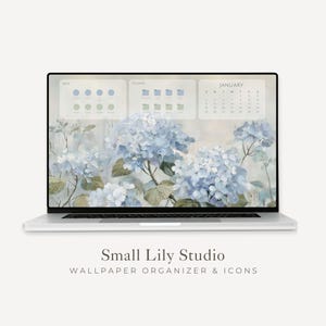 Organizador de fondo de pantalla floral azul para escritorio 2026-2027, conjunto de iconos para fondo de portátil y carpetas, calendario mensual digital para Windows y Mac / WO005