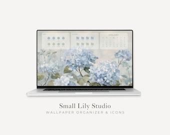 2026-2027 Blue Floral Desktop Wallpaper Organizer, Laptop Background and Folder Icons Set, Digital Monthly Calendar Windows Mac | WO005