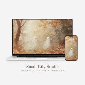 May include: A laptop and smartphone show a digital artwork of two white ghosts in a forest with autumnal hues. The text "Small Lily Studio" and "Desktop, Phone & iPad Set" are displayed below the devices.