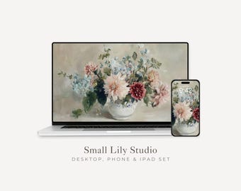 Blue and Pink Flowers Desktop Wallpaper Set, Spring Floral Phone Wallpaper, Vintage Style iPhone Wallpaper, iPad Background | WS221
