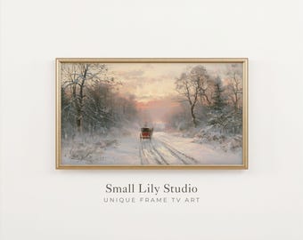 FRAME TV Art Winter Sunset Carriage Ride, Holiday Season Samsung Frame TV Art, Vintage Style Painting | TV1481