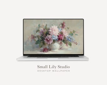 Pink and Purple Flowers Desktop Wallpaper, Spring Floral Macbook Wallpaper, Aesthetic Laptop Background, Vintage Style Painting | WD220