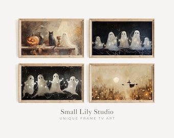 May include: Four framed Halloween-themed art prints. One features a carved pumpkin, black cat, and ghost. Another shows a group of ghosts with lights. The third depicts ghosts with lights. The last shows a witch flying over a city.