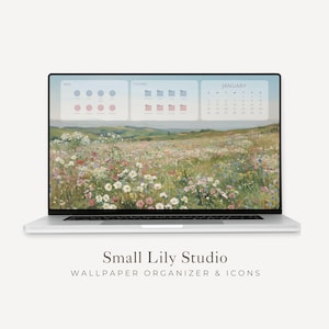 Op de afbeelding: Een zilveren laptop met een digitale bureaubladachtergrond die een weidelandschap met wilde bloemen toont. Het scherm bevat drie doorschijnende secties met de labels Apps, Folders en January met een kalender en kleine iconen.