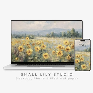 Sunflower Field Desktop Wallpaper, Sunflowers Phone Wallpaper, Yellow Flowers iPhone Wallpaper, Vintage Style Floral iPad Background | WS073