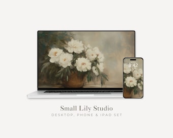 Moody bloemen bureaubladachtergrond, witte bloemen telefoonbehang, neutraal iPhone-behang, vintage stijl schilderij iPad-achtergrond | WS078