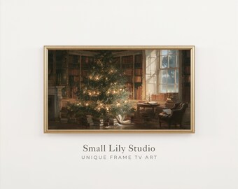 FRAME TV Art Moody Christmas Tree, Festive Library Samsung Frame TV Art, Vintage Style Dark Academia Painting | TV1476