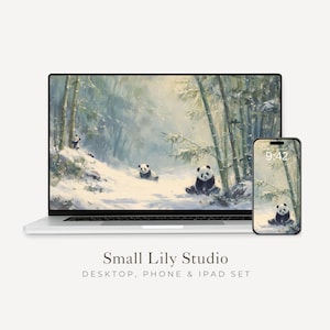 Panda's bureaubladachtergrondset, winter telefoonbehang, schattige dieren iPhone-behang, esthetische iPad-achtergrond vintage stijl | WS166