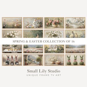 May include: A set of 16 framed art prints with a spring and Easter theme. The art features pastel colours, floral arrangements, and images of bunnies and eggs. The text "Spring & Easter Collection of 16" is displayed above the art. The text "Small Lily Studio UNIQUE FRAME TV ART" is displayed below the art.