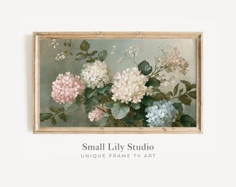 FRAME TV Art Pink Blue and White Hydrangeas, Samsung Frame TV Art Summer Florals, Vintage Style Spring Flowers Painting | TV1358