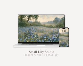 Blue Wildflowers Desktop Wallpaper Set, Floral Phone Wallpaper, Spring iPhone Wallpaper, Aesthetic iPad Background Vintage Style | WS264