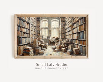 FRAME TV art Cat Sleeping in Library, Bookish Samsung Frame tv art for book lovers, Neutral vintage style tv artwork for bookworms | TV275