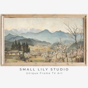 FRAME TV art Traditional Japanese Spring Landscape, Samsung Frame tv art Japan countryside with white blossom trees and mountains | TV691