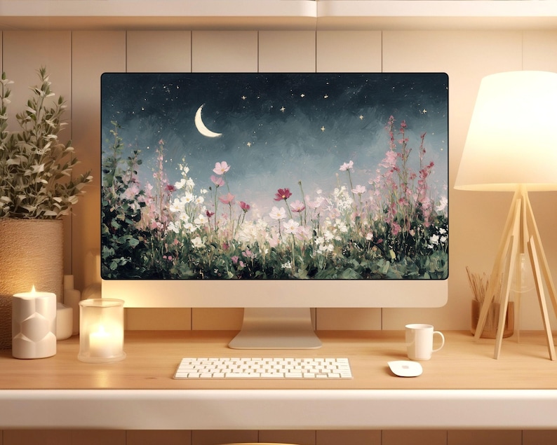 Puede incluir: Un ordenador de sobremesa muestra una pintura digital de una escena nocturna con una luna creciente, estrellas y un campo de flores rosas y blancas. El ordenador est&aacute; sobre un escritorio de madera con teclado, rat&oacute;n, taza y l&aacute;mpara.