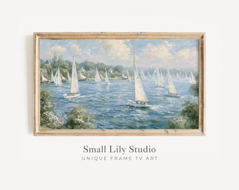 FRAME TV Art Sailing Boats, Samsung Frame TV Art Summer Regatta, Vintage Style Coastal Artwork Blue and Green | TV1292
