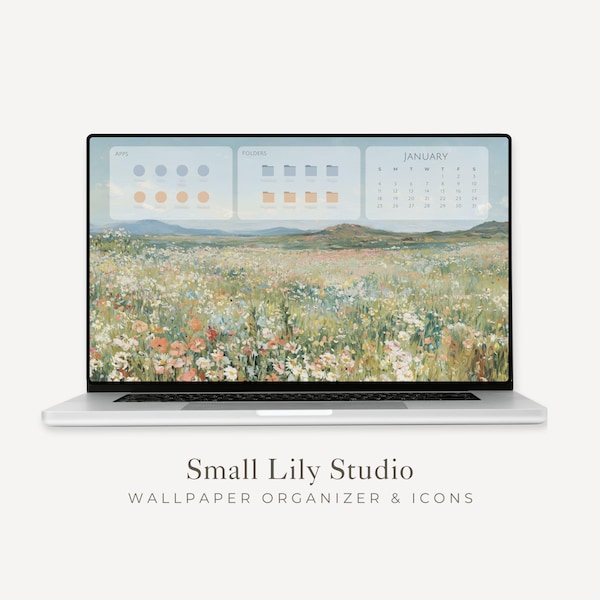 2026-2027 Whimsical Flowers Desktop Wallpaper Organizer, Macbook Wallpaper Calendar & Icons, Aesthetic Laptop Background Mac PC | WO016