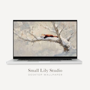 Bureaubladachtergrond rode panda, winter macbook-behang, laptopachtergrond met schattige dieren, schilderij in vintage stijl | WD169