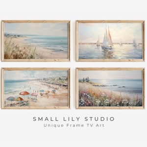 FRAME TV art Summer Coastal BUNDLE, Vintage style landscape painting beach tv art pack, Samsung Frame tv Summer wildflower art set | TV354