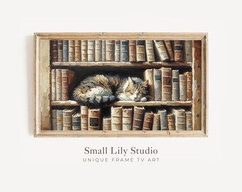 FRAME TV art Cat Sleeping with Books, Samsung Frame tv art for book lovers, Cute Cat lover tv art vintage style library painting | TV277