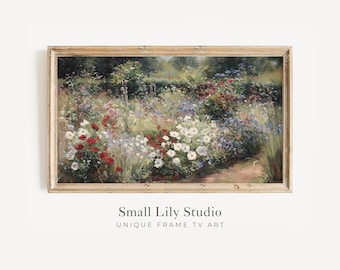 FRAME TV Art Red White and Blue Flower Garden, Samsung Frame TV Art Spring, Vintage Style Floral tv Artwork | TV1279