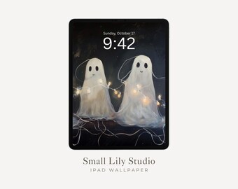 Fondo de pantalla de fantasmas de Halloween para iPad, lindo fondo espeluznante para iPad, fondo de pantalla de familia de fantasmas para tableta, pintura de Halloween estilo vintage / WT032
