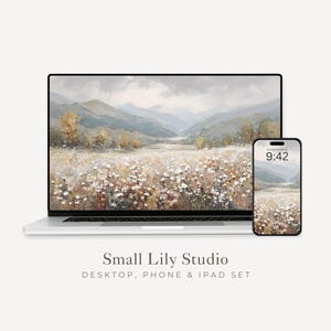 Ensemble de papier peint fleurs sauvages, paysage floral pour téléphone, papier peint fleurs blanches pour iPhone, arrière-plan neutre pour iPad | WS097