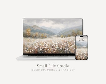 Wildflowers Desktop Wallpaper Set, Floral Landscape Phone Wallpaper, White flowers iPhone Wallpaper, Neutral iPad Background | WS097