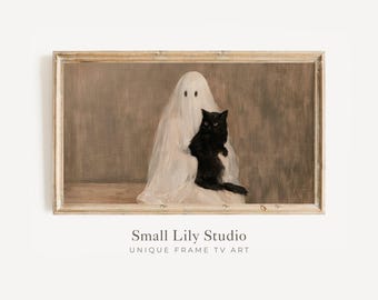 FRAME TV Art Ghost and Black Cat Portrait, Samsung Frame TV Art Halloween, Cute Whimsical Vintage Style Painting | TV1368