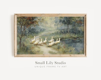 FRAME TV Art Ducks by a Pond, Spring Samsung Frame TV Art, Vintage Style Landscape Painting Sage Green | TV1185
