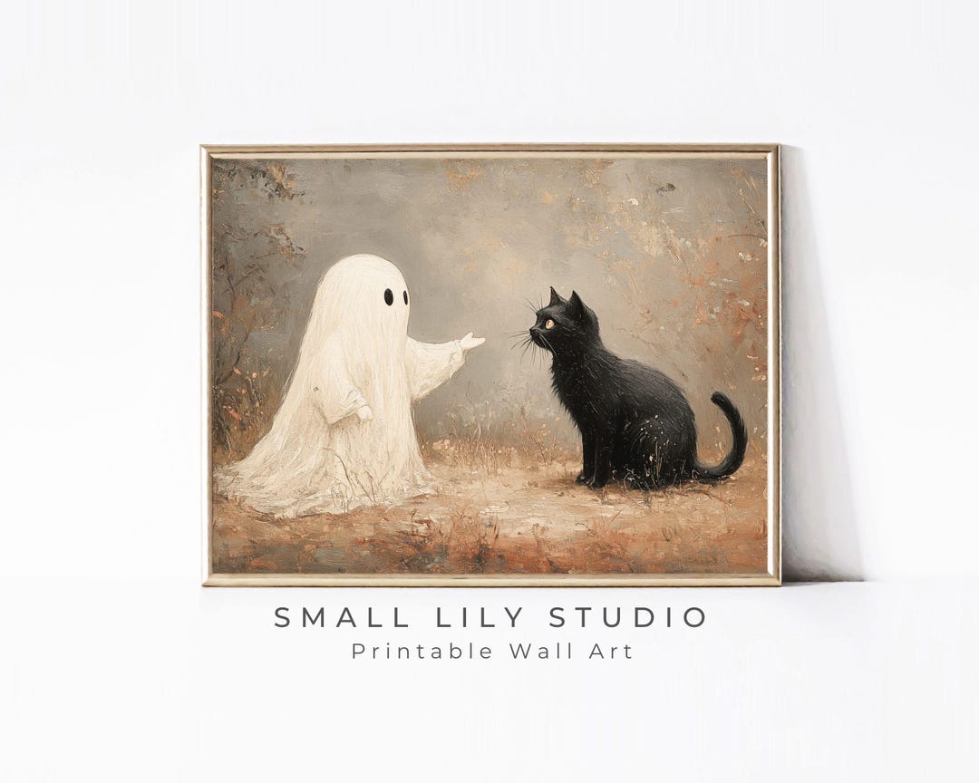PRINTABLE Halloween Ghost and Black Cat Print, Moody Vintage Style ...