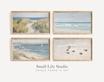 FRAME TV Art Summer BUNDLE, Samsung Frame tv art Beach Wildflowers, Vintage style coastal paintings, Blue ocean artwork | TV1300