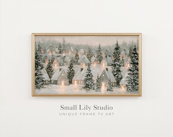 FRAME TV Art Cozy Christmas Village, Winter Samsung Frame TV Art, Neutral Vintage Style Painting | TV1472