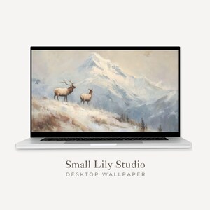 Tapeta na pulpit z łosiem górskim, tapeta na Macbooka z zimowym krajobrazem, tło z jeleniem na laptopie, obraz w stylu vintage | WD165