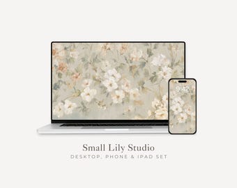 Pastel Floral Desktop Wallpaper Set, Fall Phone Wallpaper, Autumn iPhone Wallpaper, Neutral iPad Background Vintage Style | WS127