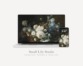 Moody Floral Desktop Wallpaper Set, Dark Flowers Phone Wallpaper, Floral iPhone Wallpaper, Aesthetic iPad Background Vintage Style | WS006